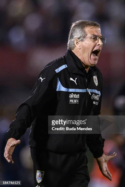 Head coach Oscar Tabarez of Uruguay in action during a match between Uruguay and Argentina as part of the 18th round of the South American Qualifiers...