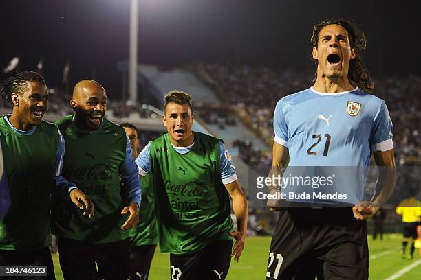 Edinson Cavani of Uruguay celebrates a goal during a match between Uruguay and Argentina as part of the 18th round of the South American Qualifiers...