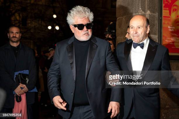 Spanish director Pedro Almodóvar and French theater director Dominique Meyer participates in the premiere of the La Scala Theater for the opening of...