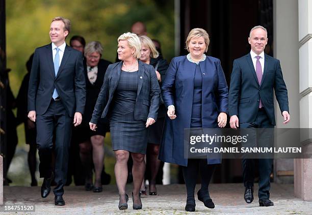Norway's incoming conservative Prime Minister Erna Solberg , Norway's incoming Finance Minister and leader of the Progress party Siv Jensen ,...