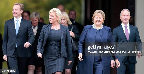 Norway's incoming conservative Prime Minister Erna Solberg , Norway's incoming Finance Minister and leader of the Progress party Siv Jensen ,...
