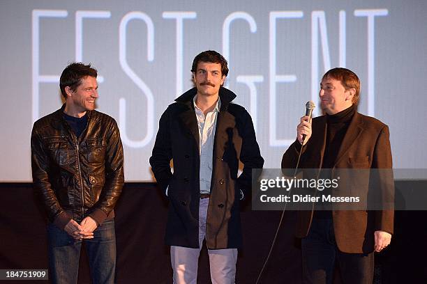 Pierre Deladonchamps and Christophe Paou & Patrick d'AssumÃ§ao attends the screening of 'l inconnu du Lac' at the 40th Ghent Film Festival on October...