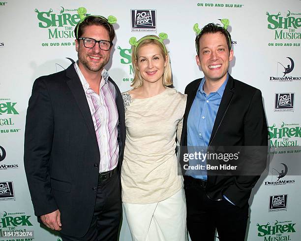 Christopher Sieber, Kelly Rutherford and John Tartaglia attend the release party for "Shrek: The Musical" Blue-Ray and DVD on October 15, 2013 in New...