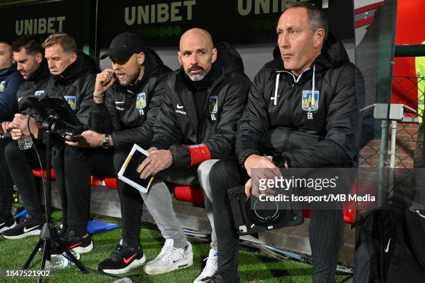 Assistant coach Bart Goor and Eric Reenaers , interim head coach of Westerlo, pictured during the Jupiler Pro League season 2023 - 2024 match day 17...
