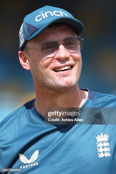 Andrew Flintoff looks on during an England Net session ahead of the first T20 International between West Indies and England at Kensington Oval on...