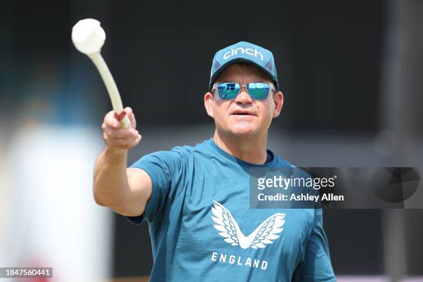 England's head coach Matthew Mott takes part in an England Net session ahead of the first T20 International between West Indies and England at...