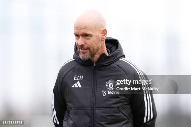 Erik ten Hag, Manager of Manchester United, looks on during a training session at Carrington Training Ground on December 11, 2023 in Manchester,...