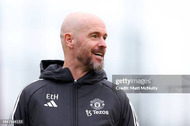 Erik ten Hag, Manager of Manchester United, looks on during a training session at Carrington Training Ground on December 11, 2023 in Manchester,...