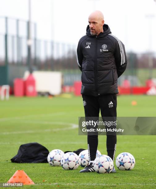 Erik ten Hag, Manager of Manchester United, looks on during a training session at Carrington Training Ground on December 11, 2023 in Manchester,...