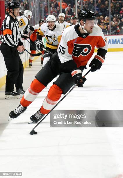 Rasmus Ristolainen of the Philadelphia Flyers skates the puck against the Pittsburgh Penguins at the Wells Fargo Center on December 4, 2023 in...