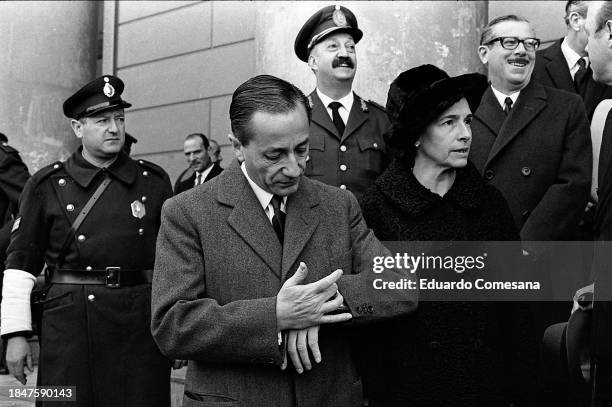 View of married Argentine couple, Minister of the Interior Guillermo Borda and Delfina Viton , as they leave the Metropolitan Cathedral, Buenos...