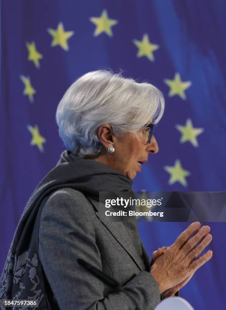 Christine Lagarde, president of the European Central Bank , at a rates decision news conference in Frankfurt, Germany, on Thursday, Dec. 14, 2023....