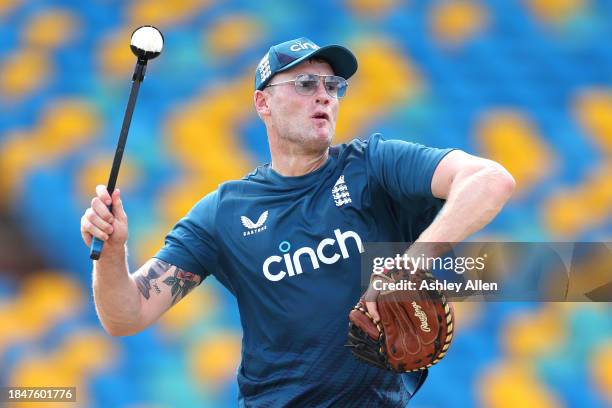 Andrew Flintoff takes part in an England Net session ahead of the first T20 International between West Indies and England at Kensington Oval on...