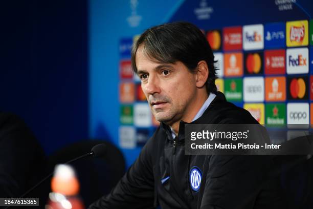 Head Coach Simone Inzaghi of FC Internazionale speaks to the media during the FC Internazionale press conference, ahead of tomorrow's UEFA Champions...
