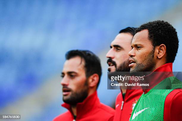 Beto, Hugo Almeida and Rolando of Portugal look on priot to the FIFA 2014 World Cup Qualifier match between Portugal and Luxembourg at Estadio Cidade...