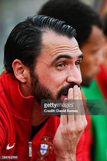 Hugo Almeida of Portugal looks on priot to the FIFA 2014 World Cup Qualifier match between Portugal and Luxembourg at Estadio Cidade de Coimbra on...