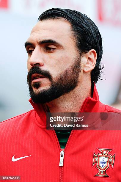 Hugo Almeida of Portugal looks on priot to the FIFA 2014 World Cup Qualifier match between Portugal and Luxembourg at Estadio Cidade de Coimbra on...