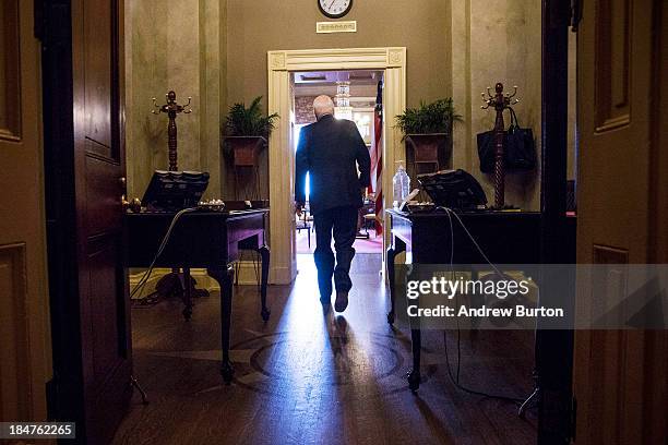 Sen. John McCain arrives at Senate Minority Leader Mitch McConnell's office for a meeting on October 16, 2013 in Washington, DC. Today marks the...