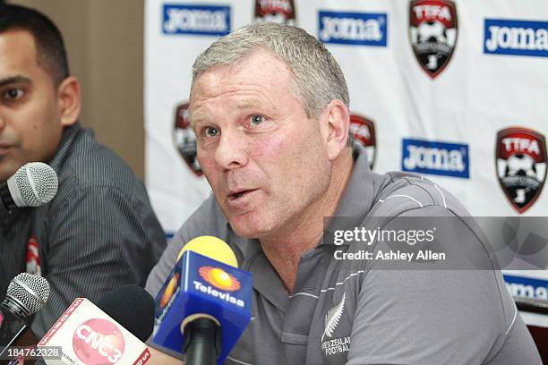 Head coach of New Zealand, Ricki Herbert talks to memebers of the media after the FIFA Friendly match between Trinidad & Tobago and New Zealand at...