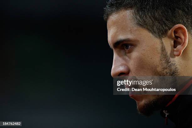 Eden Hazard of Belgium looks on prior to the FIFA 2014 World Cup Qualifying Group A match between Belgium and Wales at King Baudouin Stadium on...