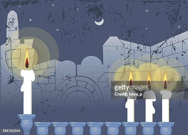 hanukkah candlestick and old city , jerusalem - wailing wall stock illustrations