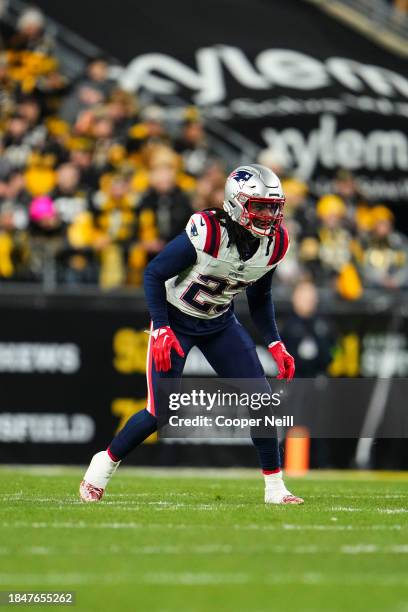 Kyle Dugger of the New England Patriots lines up during an NFL football game against the Pittsburgh Steelers at Acrisure Stadium on December 7, 2023...