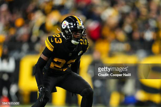 Damontae Kazee of the Pittsburgh Steelers defends in coverage during an NFL football game against the New England Patriots at Acrisure Stadium on...