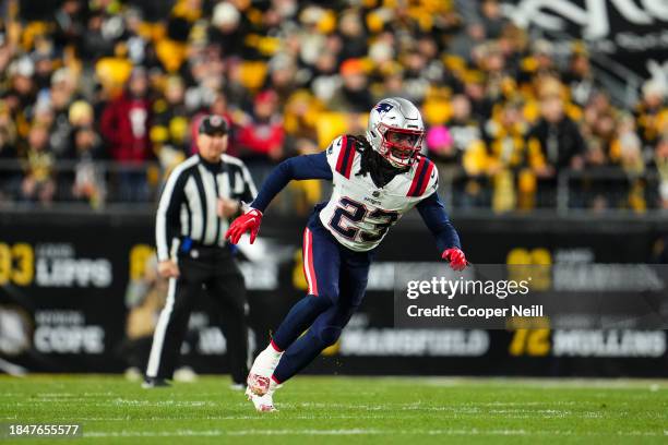 Kyle Dugger of the New England Patriots defends in coverage during an NFL football game against the Pittsburgh Steelers at Acrisure Stadium on...