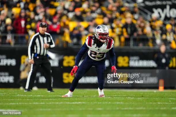 Kyle Dugger of the New England Patriots defends in coverage during an NFL football game against the Pittsburgh Steelers at Acrisure Stadium on...