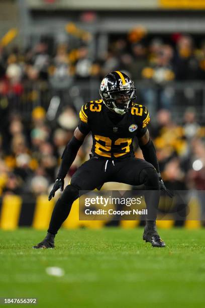 Damontae Kazee of the Pittsburgh Steelers defends in coverage during an NFL football game against the New England Patriots at Acrisure Stadium on...