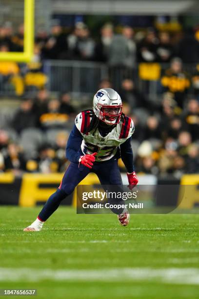 Kyle Dugger of the New England Patriots defends in coverage during an NFL football game against the Pittsburgh Steelers at Acrisure Stadium on...