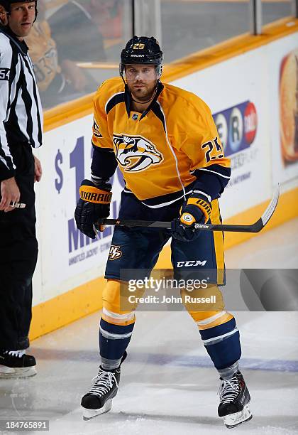 Viktor Stalberg of the Nashville Predators skates against of the New York Islanders at Bridgestone Arena on October 12, 2013 in Nashville, Tennessee.