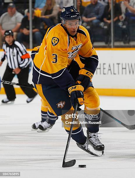 Seth Jones of the Nashville Predators skates against of the New York Islanders at Bridgestone Arena on October 12, 2013 in Nashville, Tennessee.