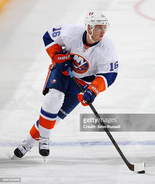 Peter Regin of the New York Islanders skates against the Nashville Predators at Bridgestone Arena on October 12, 2013 in Nashville, Tennessee.