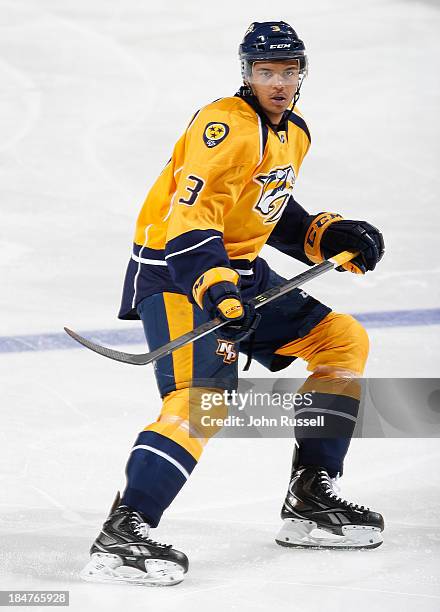 Seth Jones of the Nashville Predators skates against of the New York Islanders at Bridgestone Arena on October 12, 2013 in Nashville, Tennessee.