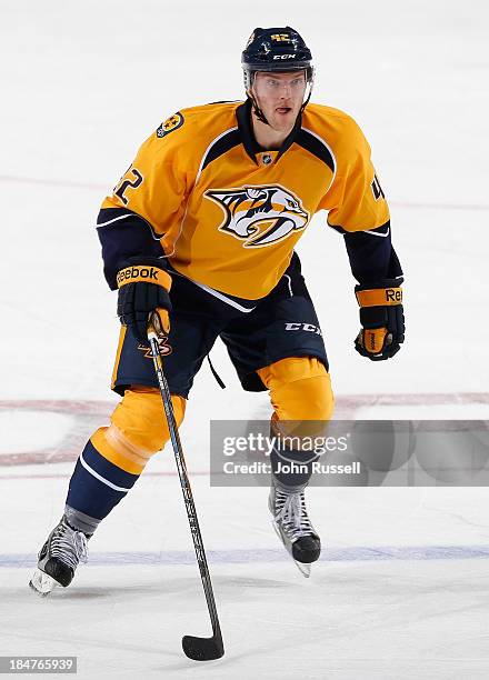 Mattias Ekholm of the Nashville Predators skates against of the New York Islanders at Bridgestone Arena on October 12, 2013 in Nashville, Tennessee.