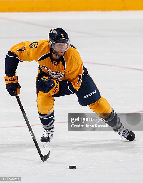 Matt Cullen of the Nashville Predators skates against of the New York Islanders at Bridgestone Arena on October 12, 2013 in Nashville, Tennessee.