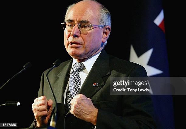 Australian Prime Minister John Howard discusses his stance on war with Iraq at a Liberal Party luncheon at the Festival Centre March 14, 2003 in...