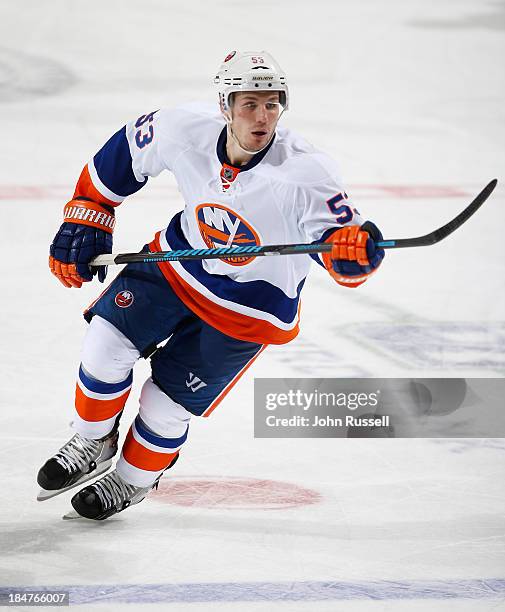 Casey Cizikas of the New York Islanders skates against the Nashville Predators at Bridgestone Arena on October 12, 2013 in Nashville, Tennessee.