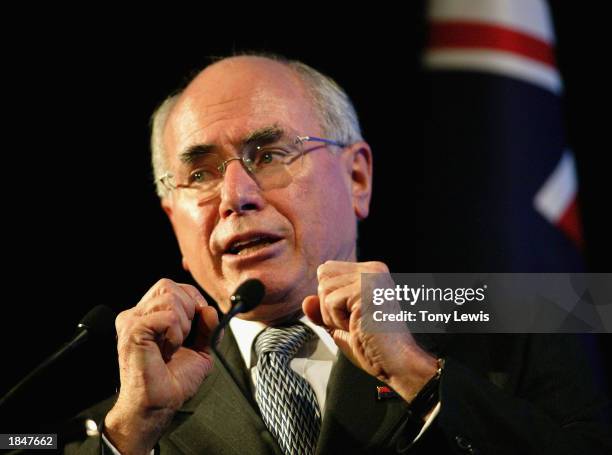 Australian Prime Minister John Howard discusses his stance on war with Iraq at a Liberal Party luncheon at the Festival Centre March 14, 2003 in...