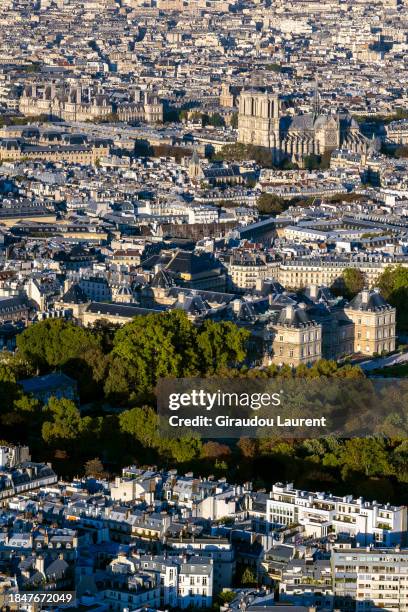 laurent giraudou / paris, a birds eye view on the senate and notre dame cathedral - empty senate stock pictures, royalty-free photos & images