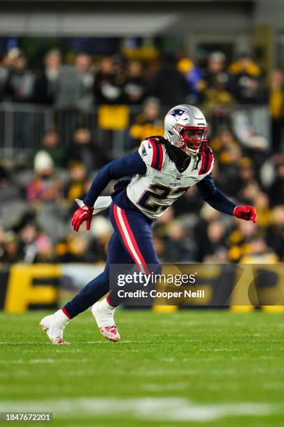 Kyle Dugger of the New England Patriots defends in coverage during an NFL football game against the Pittsburgh Steelers at Acrisure Stadium on...