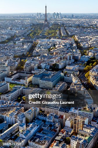 Laurent Giraudou / Paris, area listed as World Heritage by UNESCO, a birds eye view from Montparnasse tower on the champ de Mars garden, Eiffel tower and la Défense business district