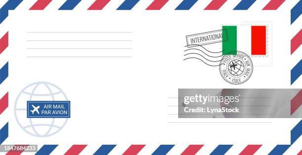 blank air mail envelope with italy postage stamp. postcard vector illustration with italian national flag isolated on white background. - italy stock illustrations
