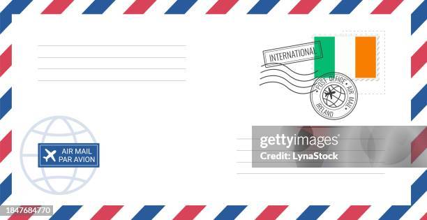 blank air mail envelope with ireland postage stamp. postcard vector illustration with irish national flag isolated on white background. - republic of ireland flag stock illustrations