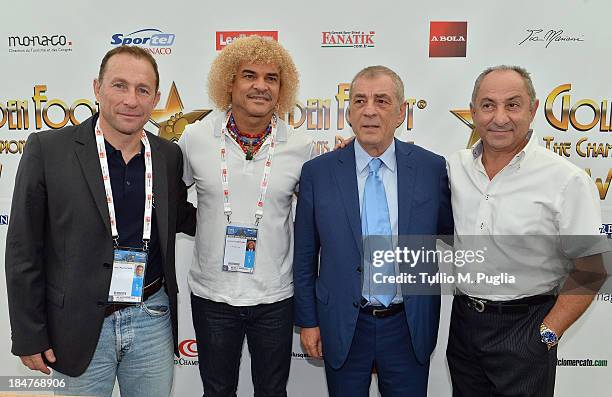 Jean-Pierre Papin, Carlos Valderrama, Antonio Caliendo and Osvaldo Ardiles attend the Golden Foot Award press conference at Grimaldi Forum on October...