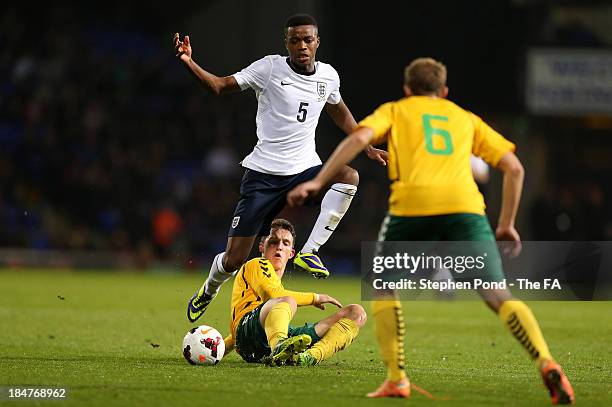 Michael Keane of England is challenged by Gerardas Zukauskas of Lithuania during the 2015 UEFA European U21 Championships Qualifying Group One match...