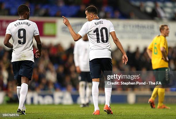 Ravel Morrison of England gestures towards team-mate Saido Berahino during the 2015 UEFA European U21 Championships Qualifying Group One match...