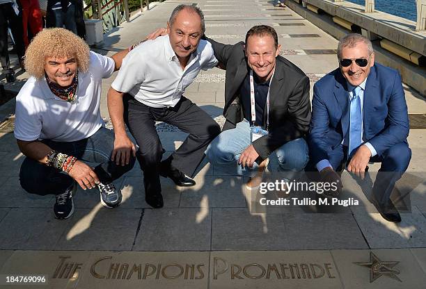 Carlos Valderrama, Osvaldo Ardiles, Jean-Pierre Papin and Antonio Caliendo visit the Champions Promenade at Grimaldi Forum on October 16, 2013 in...