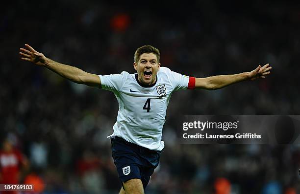 Steven Gerrard of England celebrates scoring the second goal during the FIFA 2014 World Cup Qualifying Group H match between England and Poland at...